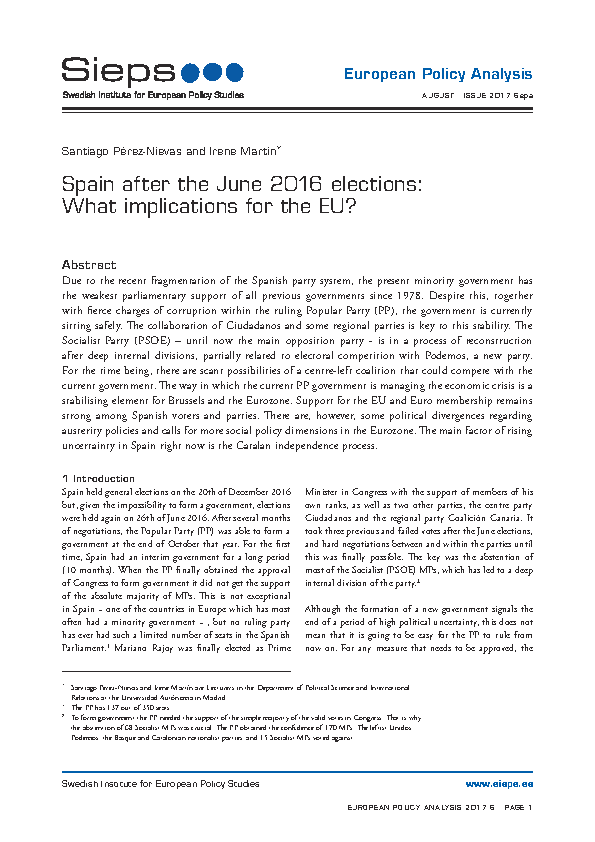 Spain after the June 2016 elections: What implications for the EU? (2017:6epa)