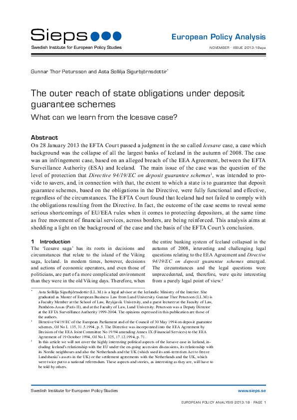 The outer reach of state obligations under deposit guarantee schemes – What can we learn from the Icesave case? (2013:18epa)