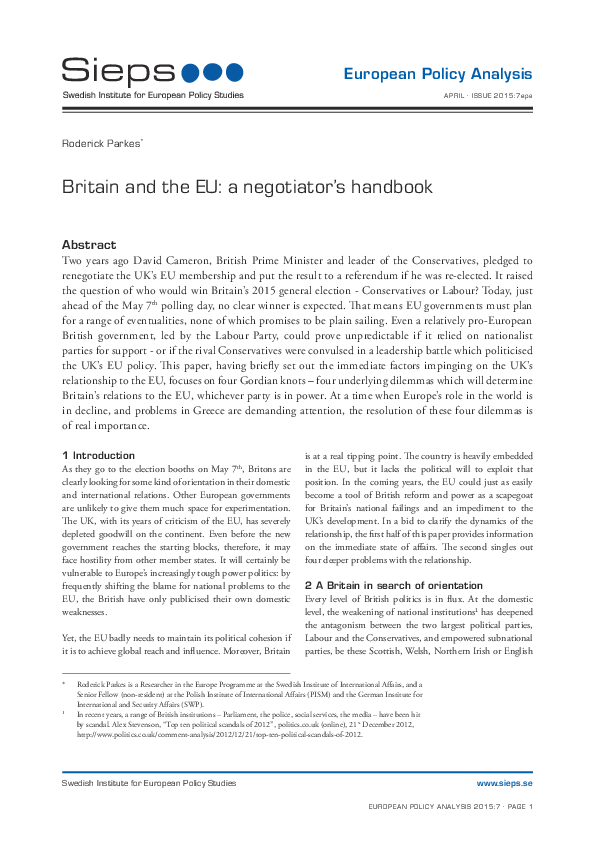 Britain and the EU: a negotiator&#039;s handbook (2015:7epa)