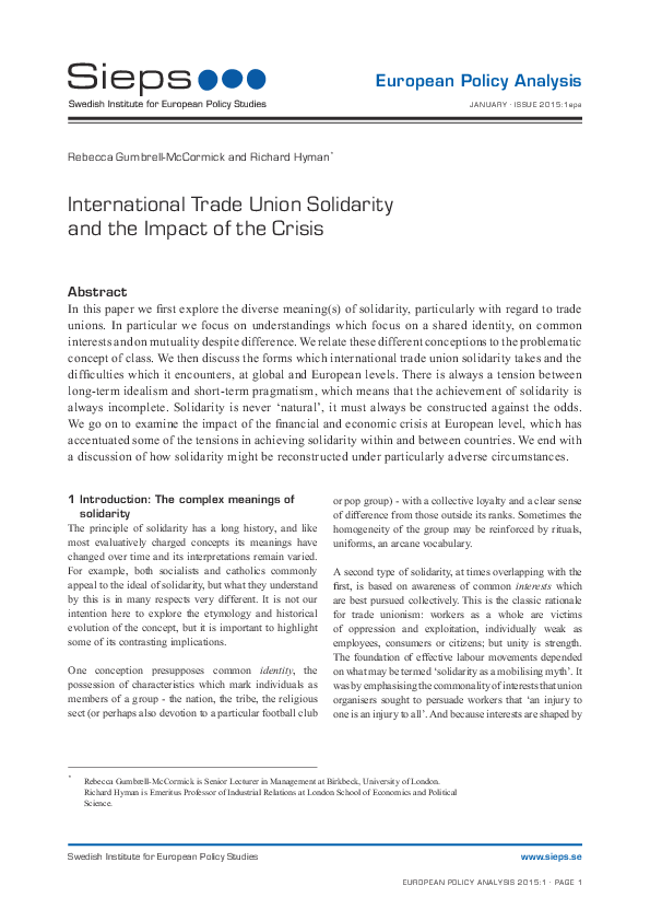 International Trade Union Solidarity and the Impact of the Crisis (2015:1epa)