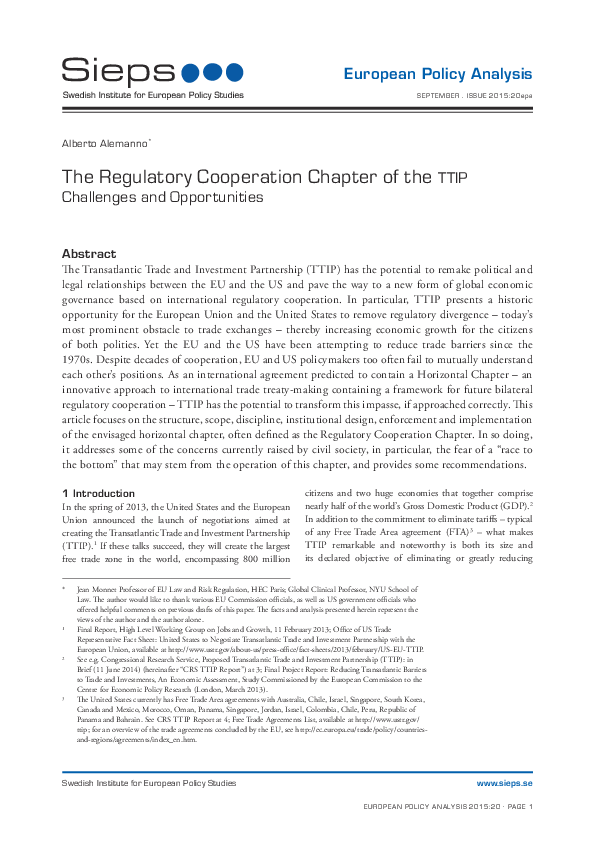The Regulatory Cooperation Chapter of the TTIP: Challenges and Opportunities (2015:20epa)