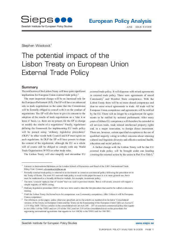 The potential impact of the Lisbon Treaty on European Union External Trade Policy(2008:8epa)