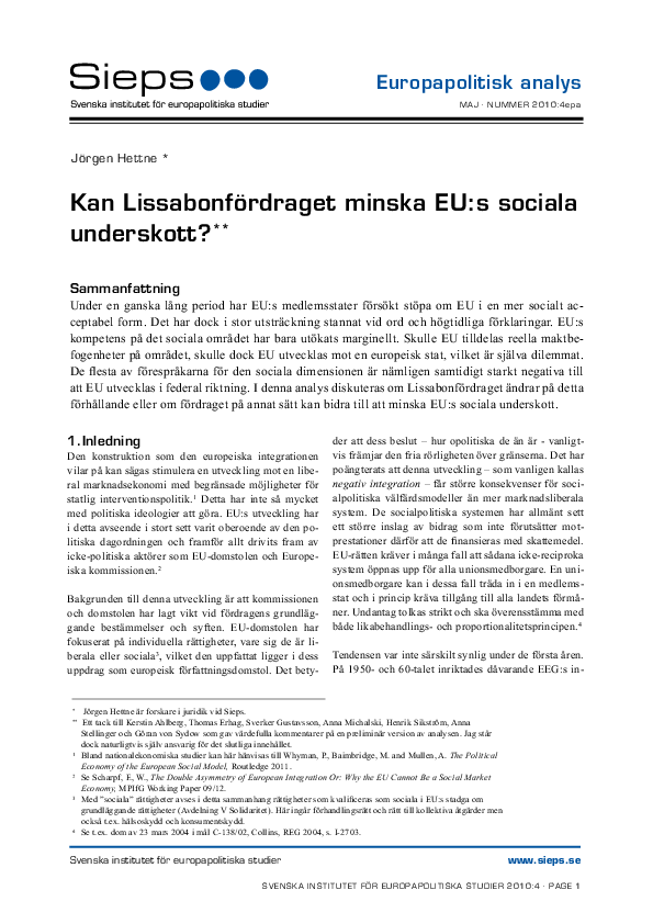 Kan Lissabonfördraget minska EU:s sociala underskott? (2010:4epa)