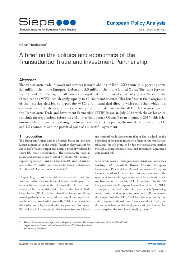 A brief on the politics and economics of the Transatlantic Trade and Investment Partnership (2016:7epa)