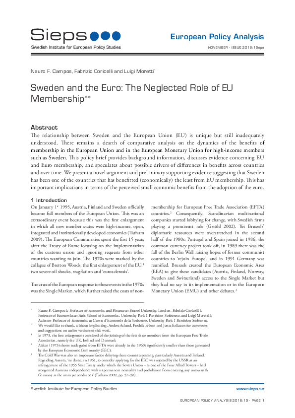 Sweden and the Euro: The Neglected Role of EU Membership (2016:15epa)