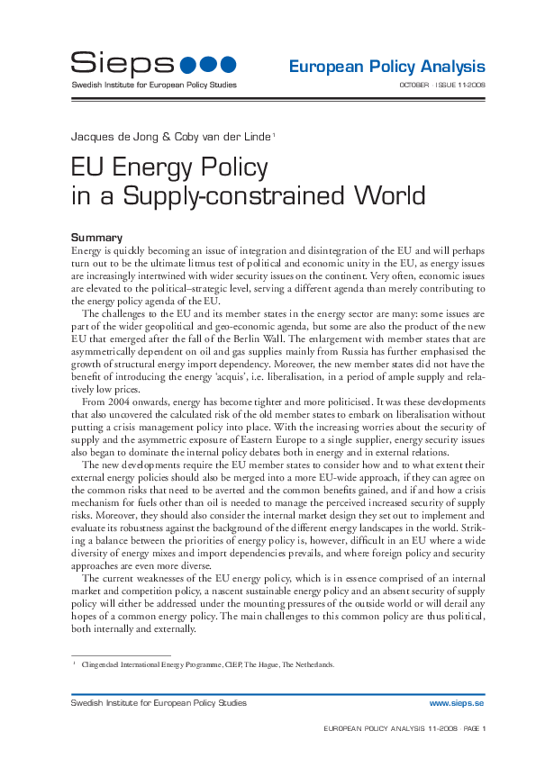 EU Energy Policy in a Supply-constrained World (2008:11epa)