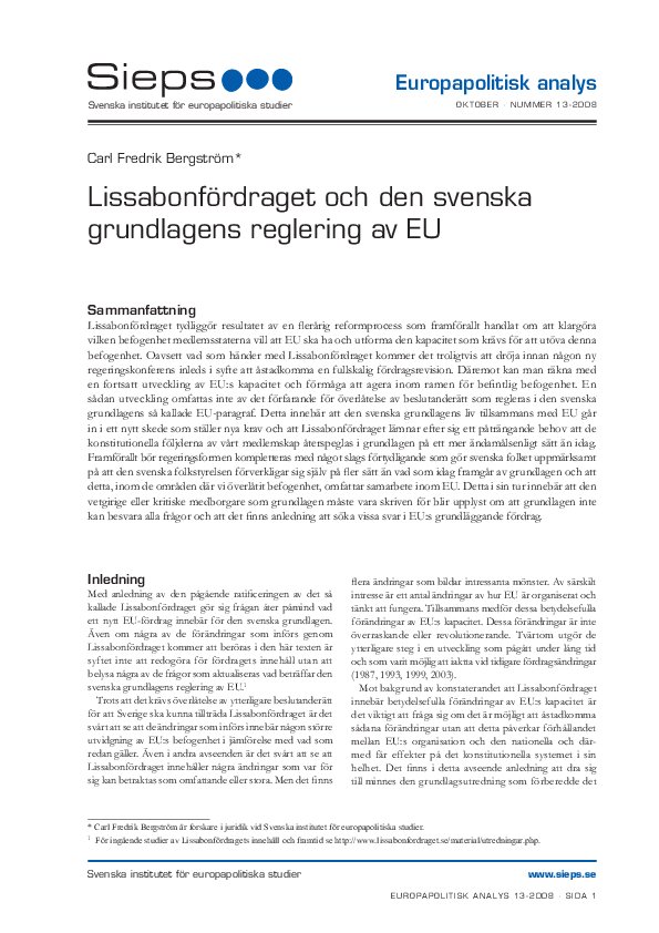 Lissabonfördraget och den svenska grundlagens reglering av EU (2008:13epa)
