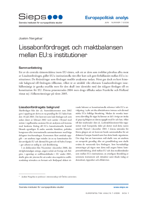 Lissabonfördraget och maktbalansen mellan EU:s institutioner (2008:7epa)