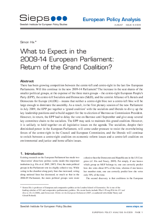 What to Expect in the 2009-14 European Parliament: Return of the Grand Coalition? (2009:8epa)