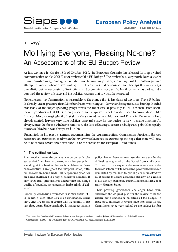 Mollifying Everyone, Pleasing No-one? An Assessment of the EU Budget Review (2010:14epa)