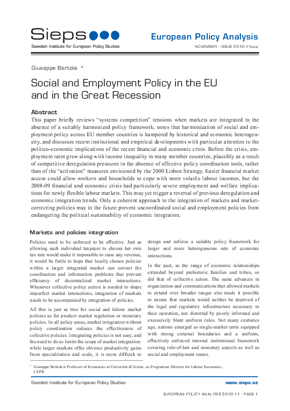 Social and Employment Policy in the EU and in the Great Recession (2010:11epa)