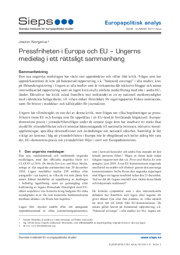 Pressfriheten i Europa och EU - Ungerns medielag i ett rättsligt sammanhang (2011:2epa)