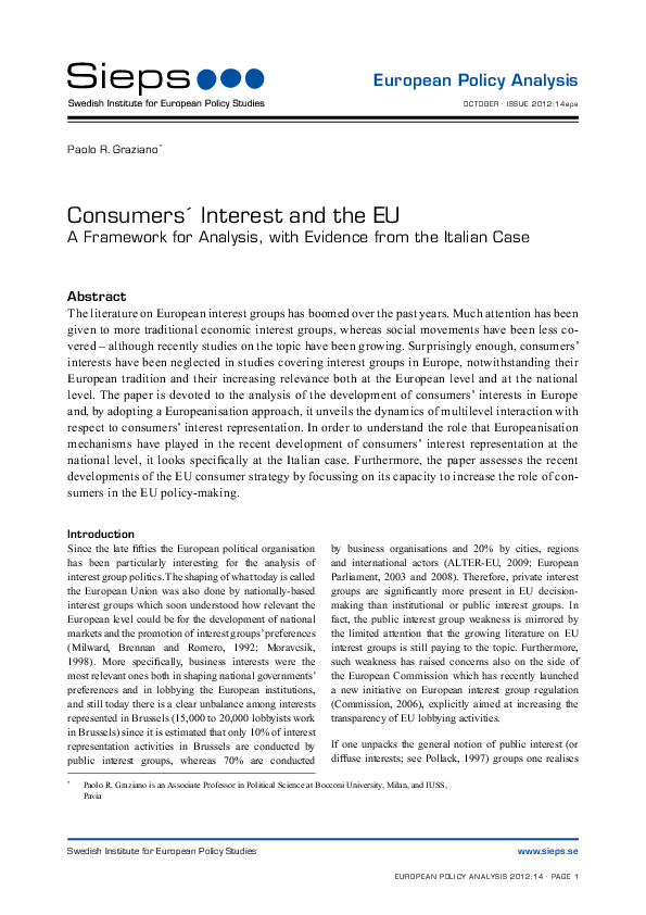Consumer´s interest and the EU: a framework for analysis, with evidence from the Italian case (2012:14epa)