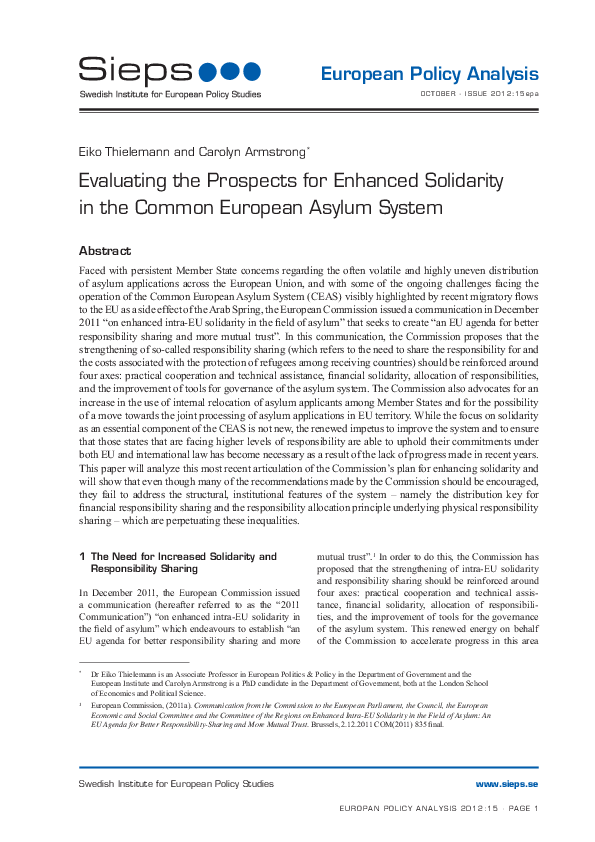 Evaluating the Prospects for Enhanced Solidarity in the Common European Asylum System (2012:15epa)