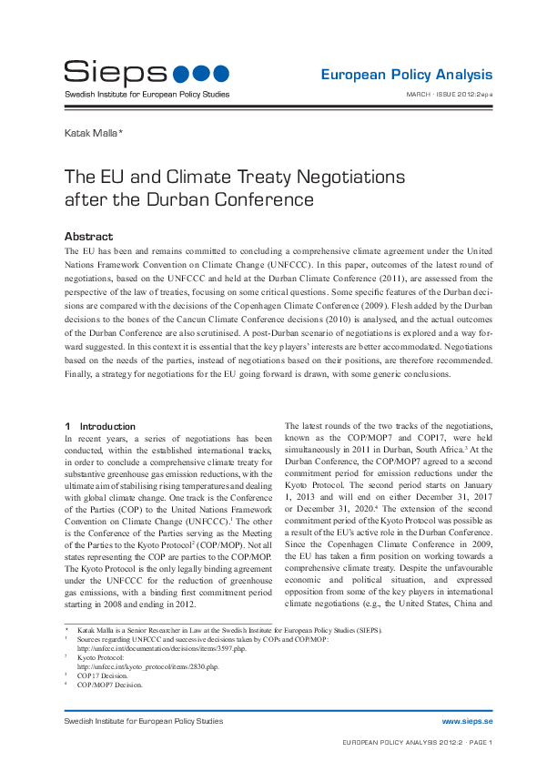 The EU and Climate Treaty Negotiations after the Durban Conference (2012:2epa)