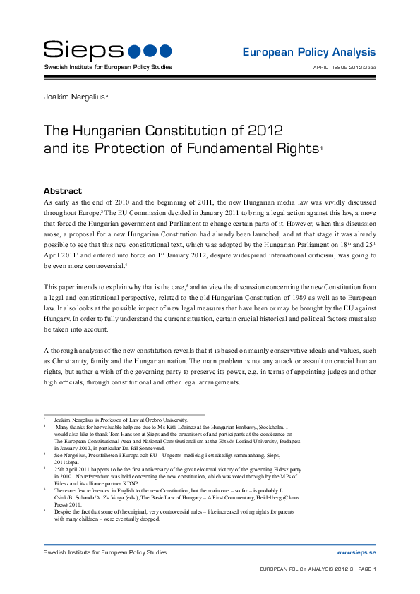 The Hungarian Constitution of 2012 and its Protection of Fundamental Rights (2012:3epa)