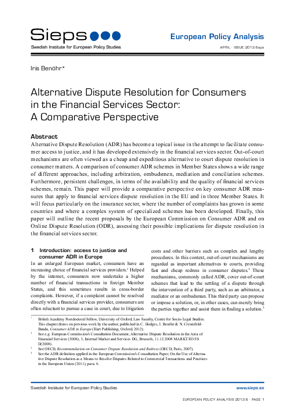 Alternative Dispute Resolution for Consumers in the Financial Services Sector: A Comparative Perspective (2013:6epa)