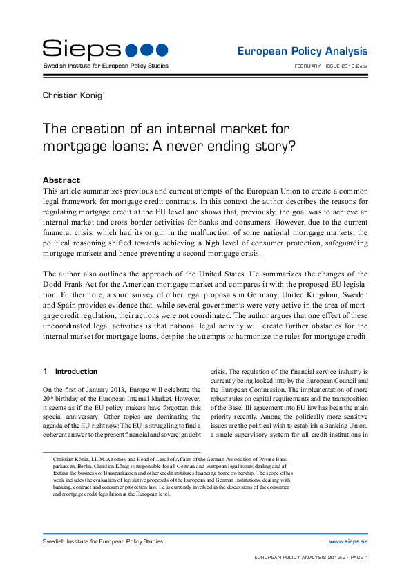 The creation of an internal market for mortgage loans: A never-ending story? (2013:2epa)