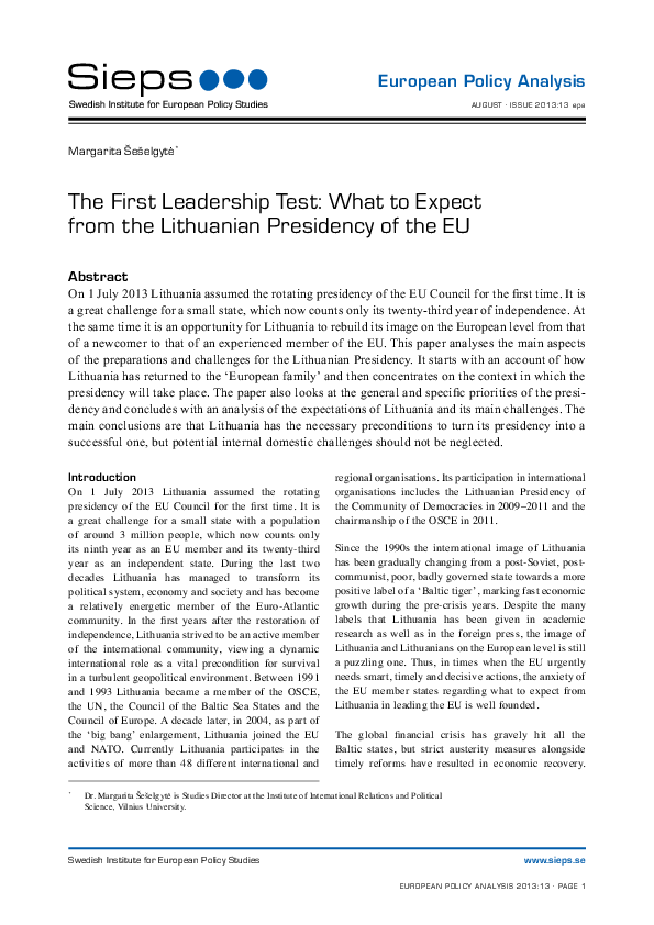 The First Leadership Test: What to Expect from the Lithuanian Presidency of the EU (2013:13epa)