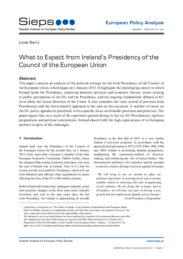 What to expect from Ireland´s Presidency of the Council of the European Union (2013:1epa)