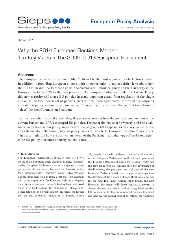 Why the 2014 European Elections Matter: Ten Key Votes in the 2009-2013 European Parliament (2013:15epa)