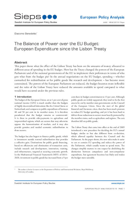 The Balance of Power over the EU Budget: European Expenditure since the Lisbon Treaty (2015:15epa)