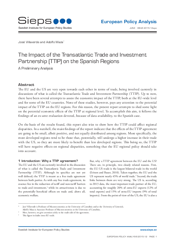 The Impact of the Transatlantic Trade and Investment Partnership (TTIP) on the Spanish Regions: A Preliminary Analysis (2015:12epa)