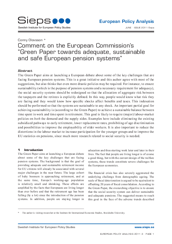 Comment on the European Commission´s “Green Paper towards adequate, sustainable and safe European pension systems” (2011:5epa)