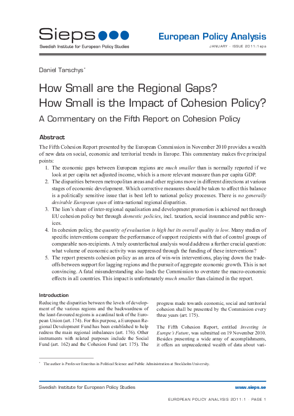 How Small are the Regional Gaps? How Small is the Impact of Cohesion Policy? A Commentary on the Fifth Report on Cohesion Policy (2011:1epa)