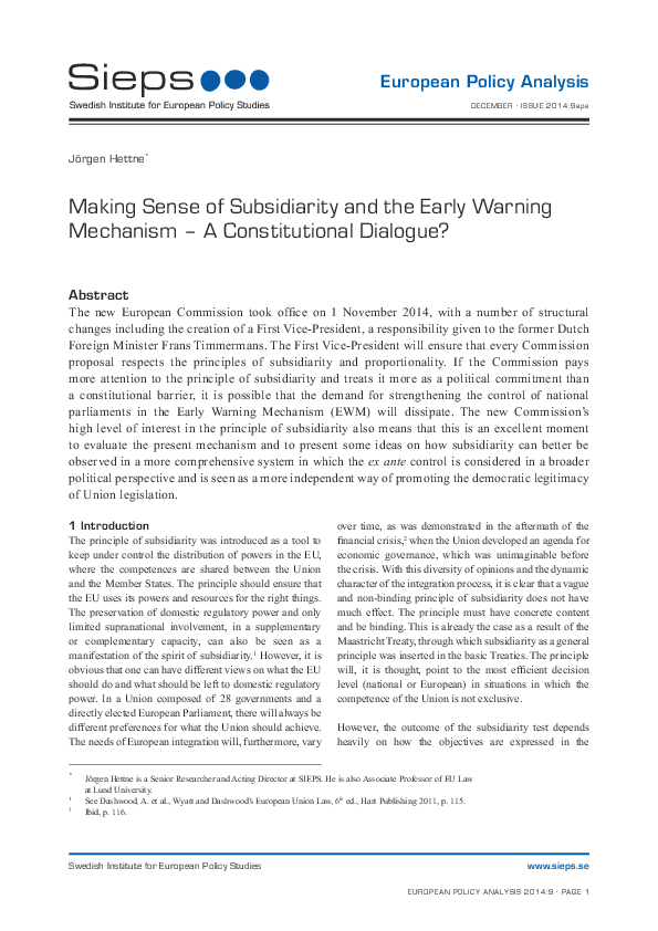 Making Sense of Subsidiarity and the Early Warning Mechanism – A Constitutional Dialogue? (2014:9epa)